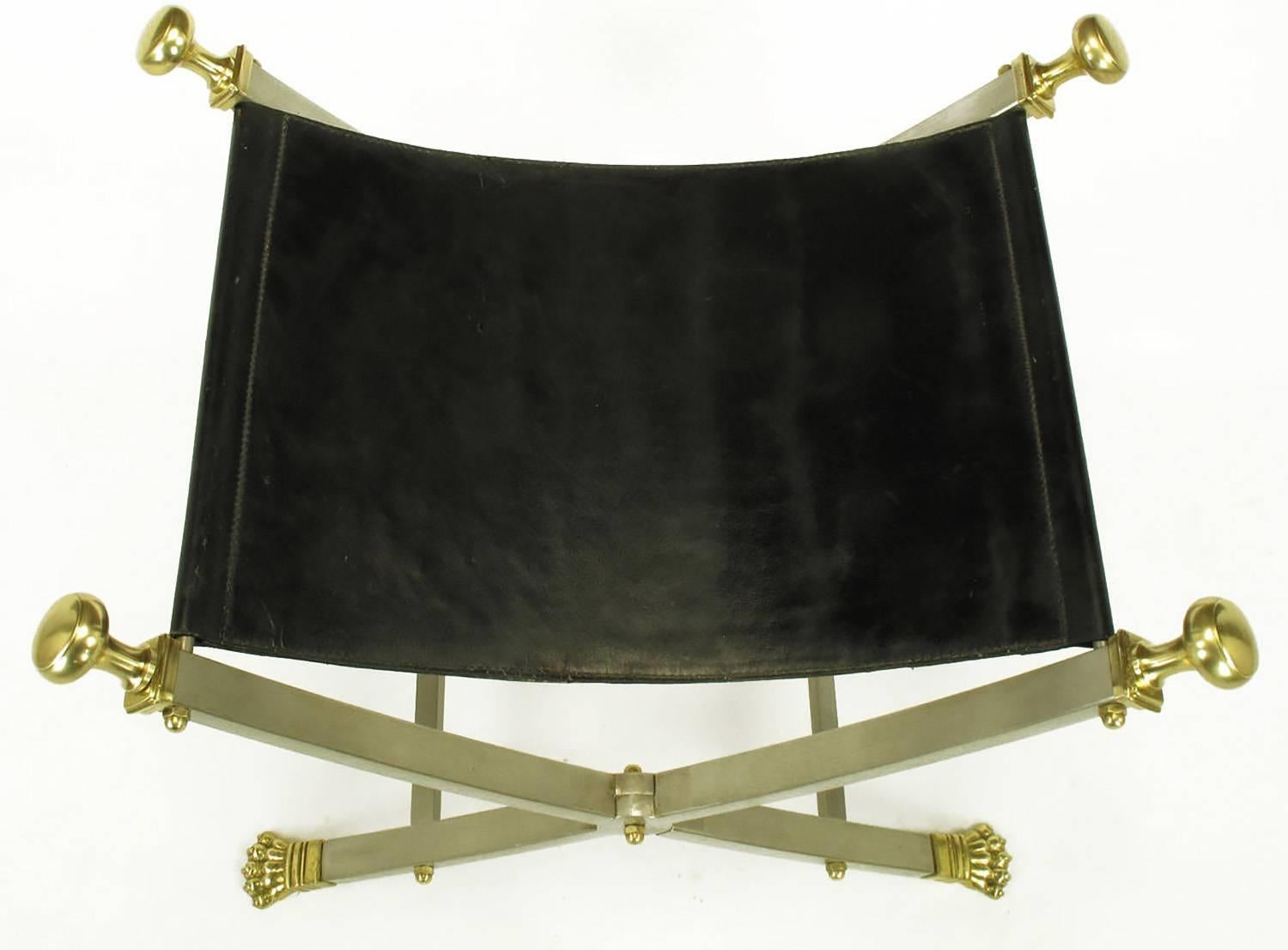 Pair of Maison Jansen Black Leather, Brass and Brushed Nickel Benches (Leder)