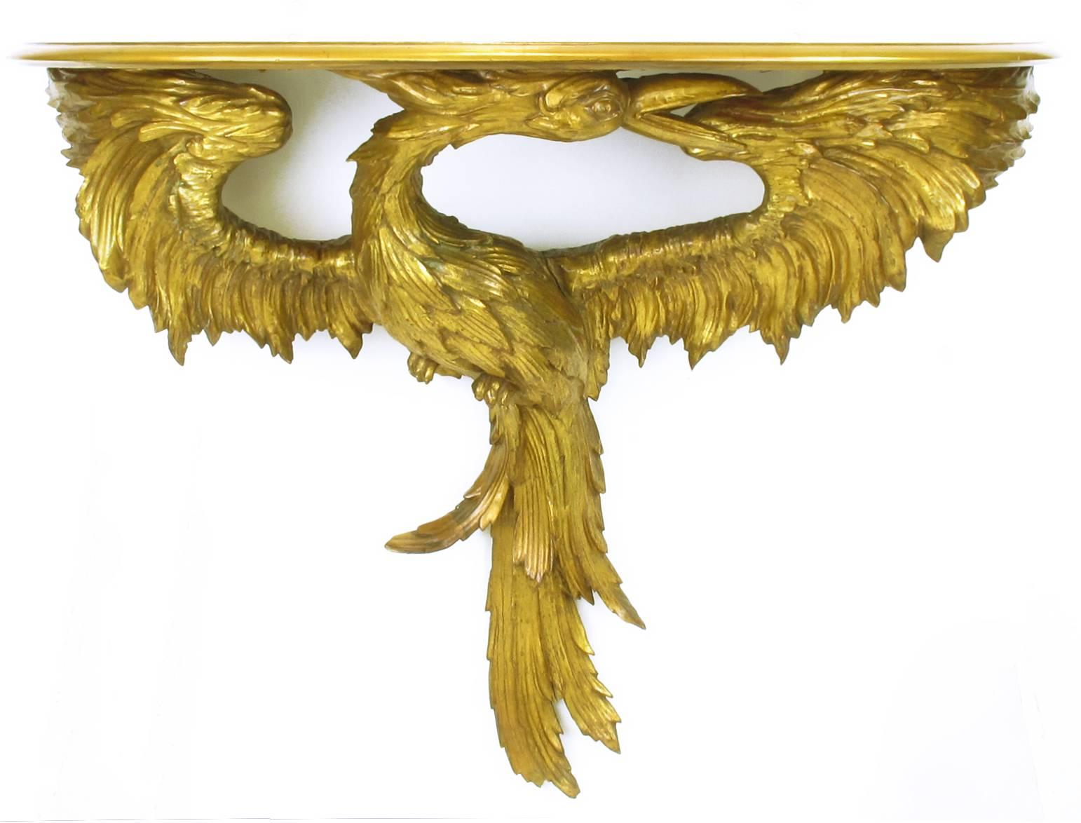 Doré Console murale et miroir phénix en bois doré italien du début du XXe siècle en vente