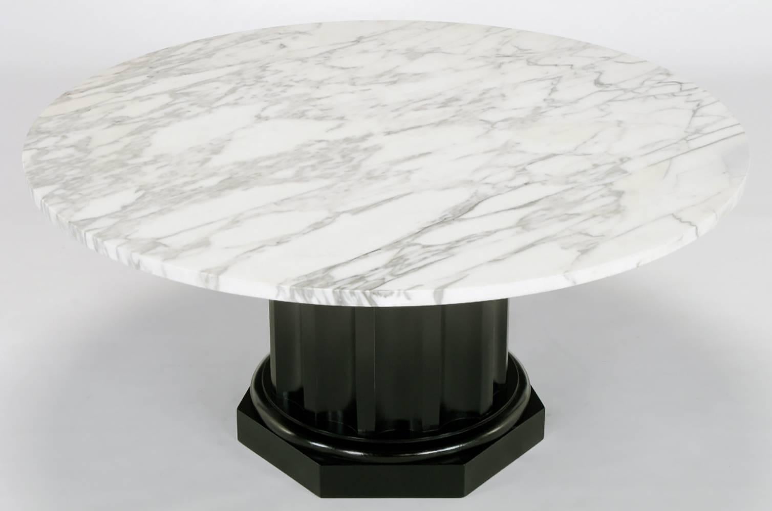 Round white Carrara marble-top coffee table with a neoclassical fluted wood column base, restored.