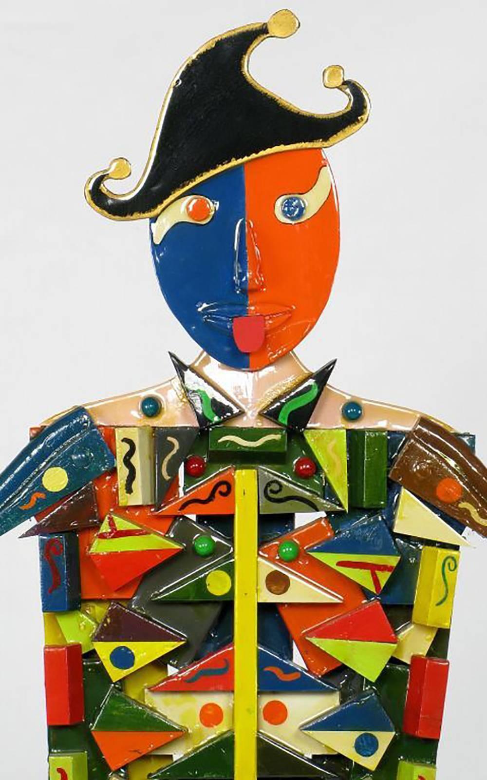 American Signed Colorful Folk Art Lifesize Jester Sculpture For Sale