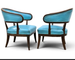 Pair of Patinated Turquoise Leather Art Deco Barrel Lounge Chairs