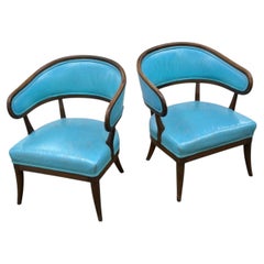 Pair of Patinated Turquoise Leather Art Deco Barrel Lounge Chairs