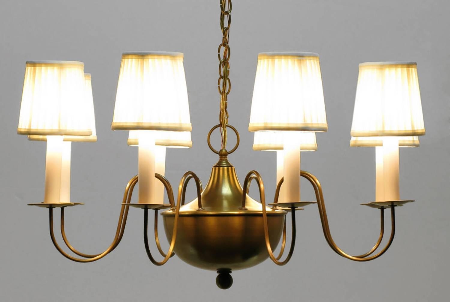 American Fine Hand-Spun Brass Eight-Light Chandelier with Delicate Arms For Sale