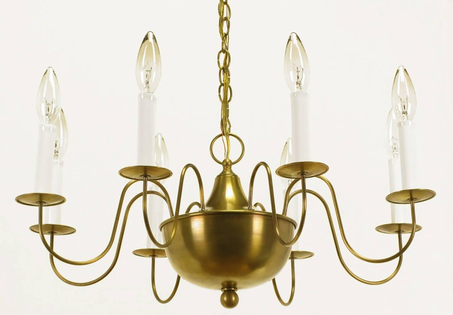Fine Hand-Spun Brass Eight-Light Chandelier with Delicate Arms In Excellent Condition For Sale In Chicago, IL