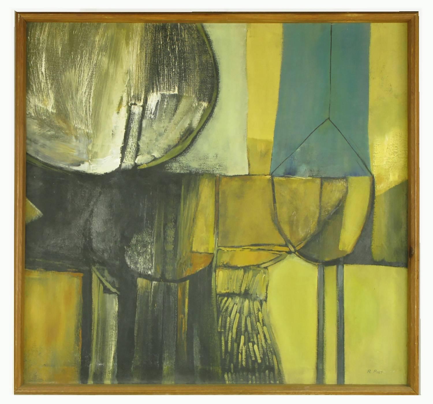 Terrific oil painting on canvass signed R.Post. Abstract Expressionist color and movement with cubist style shapes created by intersecting straight and curved lines. Ochre, teal, black and white colors combine to form shapes of circles, squares and