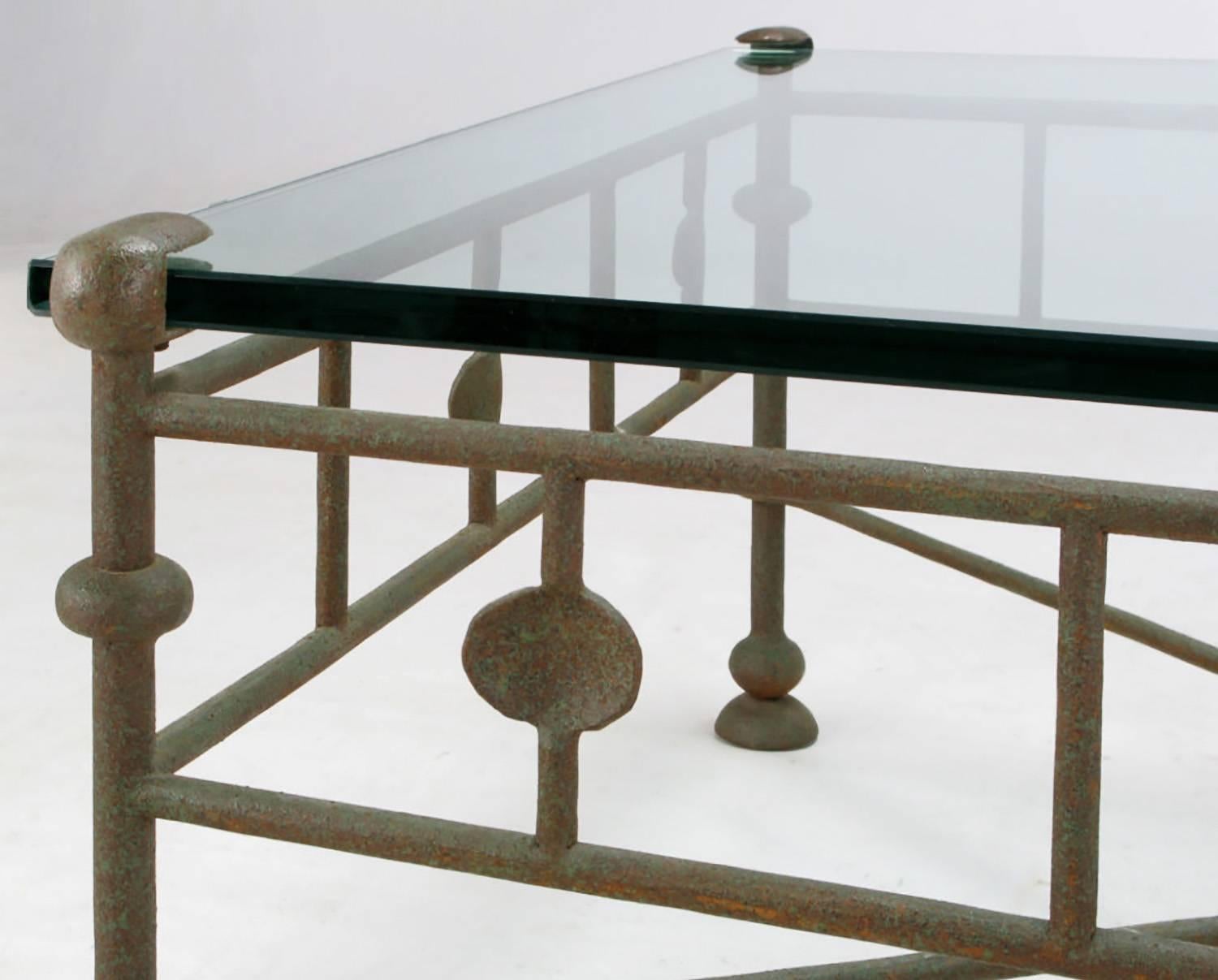 Giacometti-Style Patinated Hand-Wrought Iron and Glass Coffee Table In Good Condition In Chicago, IL