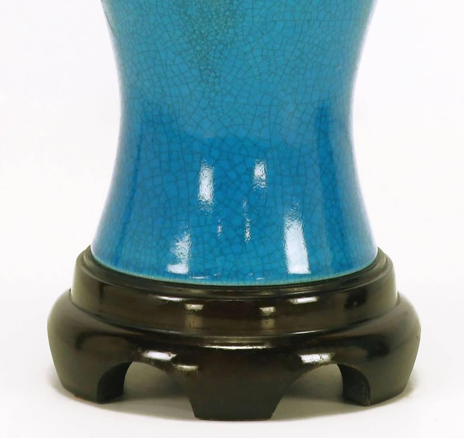 Glazed Pair of Frederick Cooper Cerulean Blue Crackle-Glaze Table Lamps For Sale