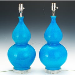 Pair of Robin’s Egg Blue Double Gourd Qianlong Period Vases Turned Into Lamps.