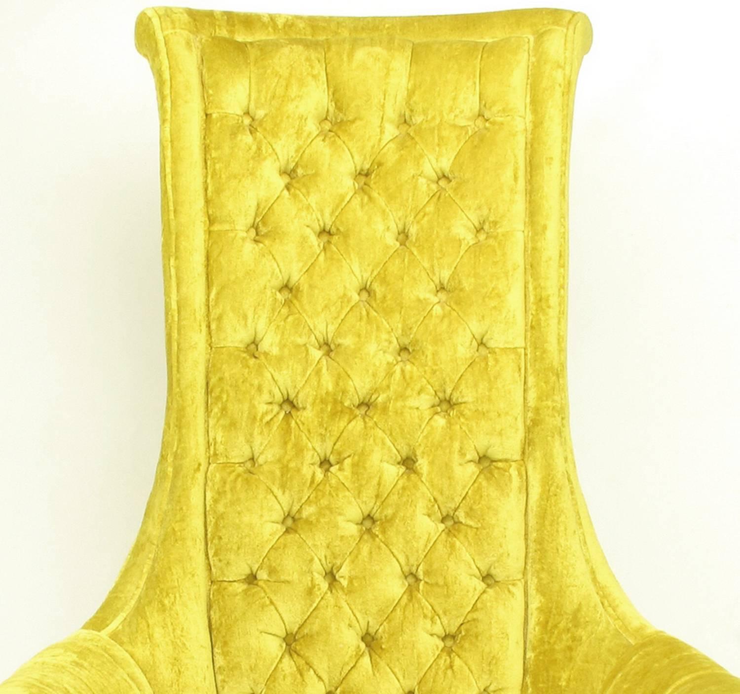 Mid-20th Century Tall Back Sinuous Lounge Chairs in Gold Crushed Velvet, circa 1960s For Sale