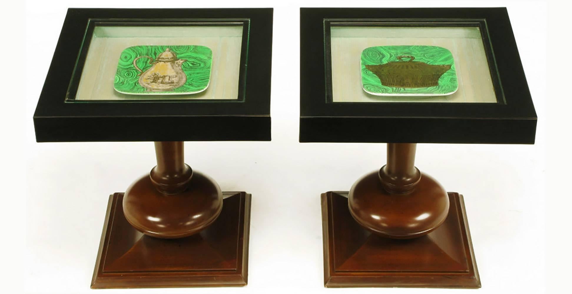 Pair of walnut and Micarta cocktail display tables with Piero Fornasetti malachite and gold square plates. Each plate is beneath a glass top and mounted on a silk lined recessed surface.