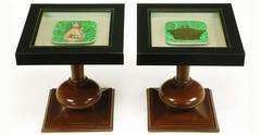 Pair of Walnut and Black Micarta Display Tables with Fornasetti Plates
