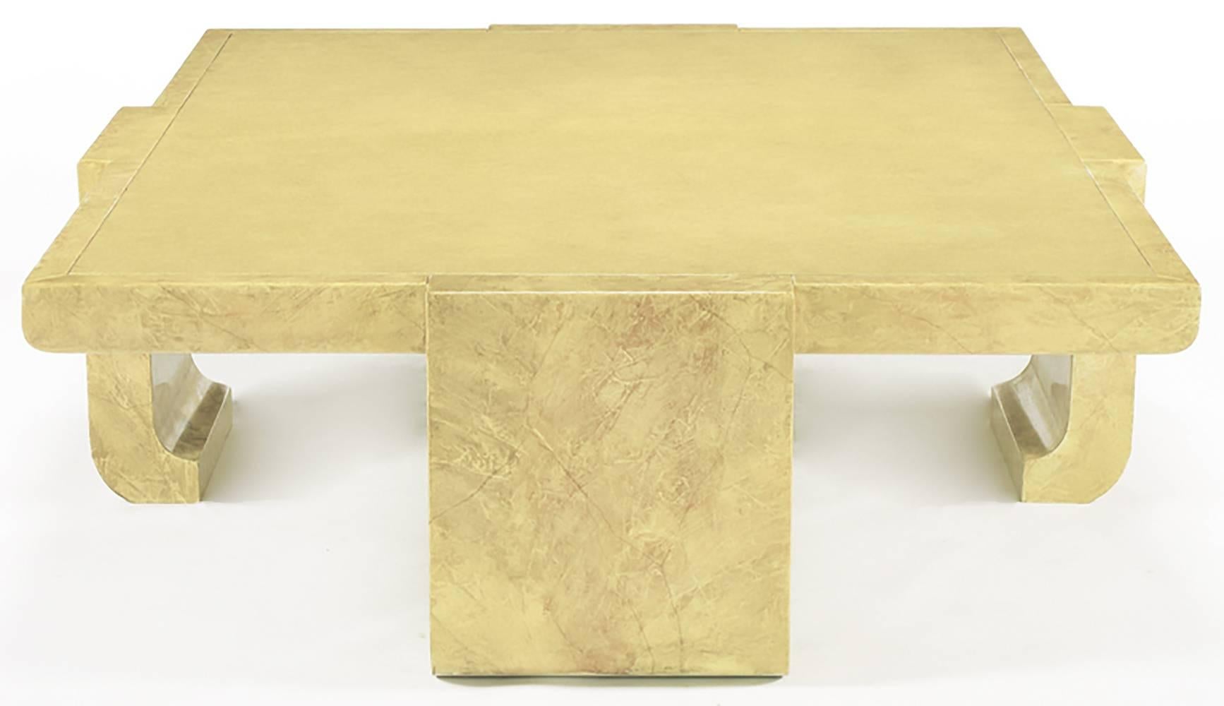Monumental Asian inspired coffee table in creamy tan hand lacquered faux goatskin with a lizard-textured center by Alessandro for Baker. An amazing coffee table.