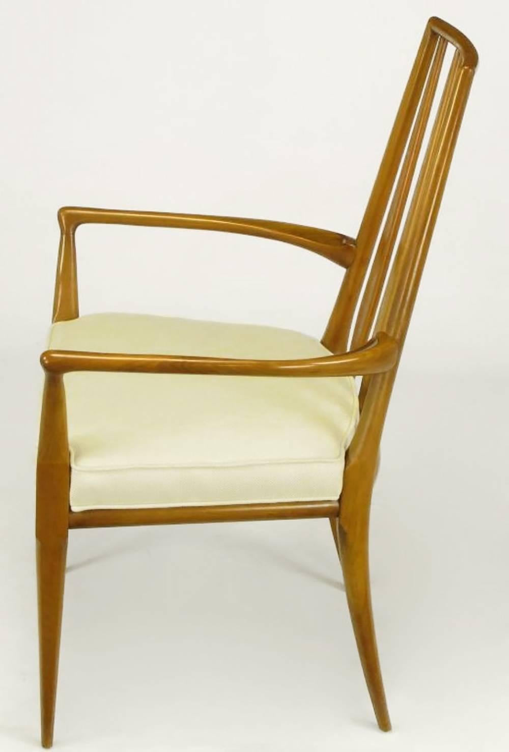 American Pair of Bert England Sculpted Walnut and Off-White Linen Slatback Armchairs For Sale