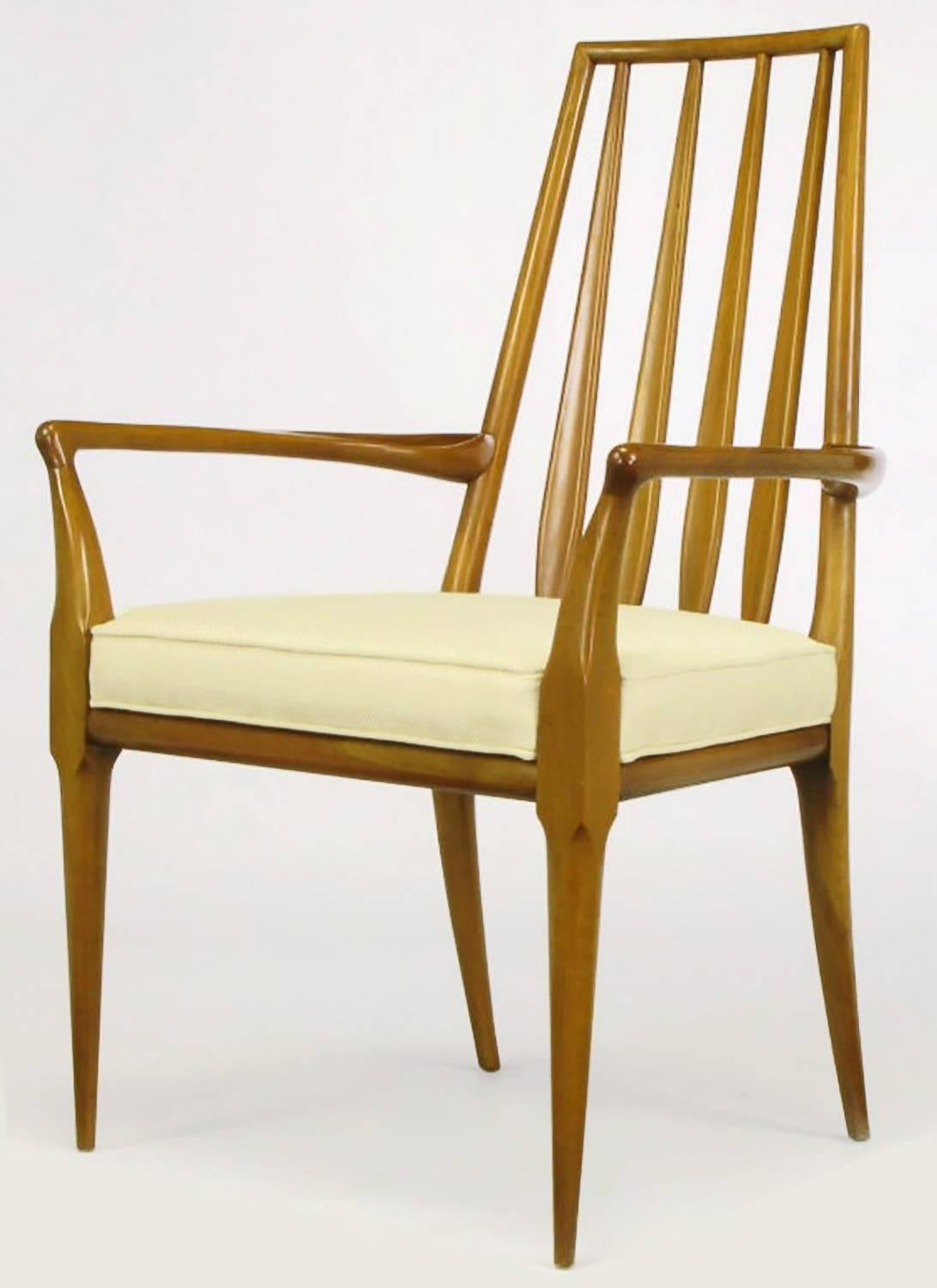 Mid-Century Modern Pair of Bert England Sculpted Walnut and Off-White Linen Slatback Armchairs For Sale