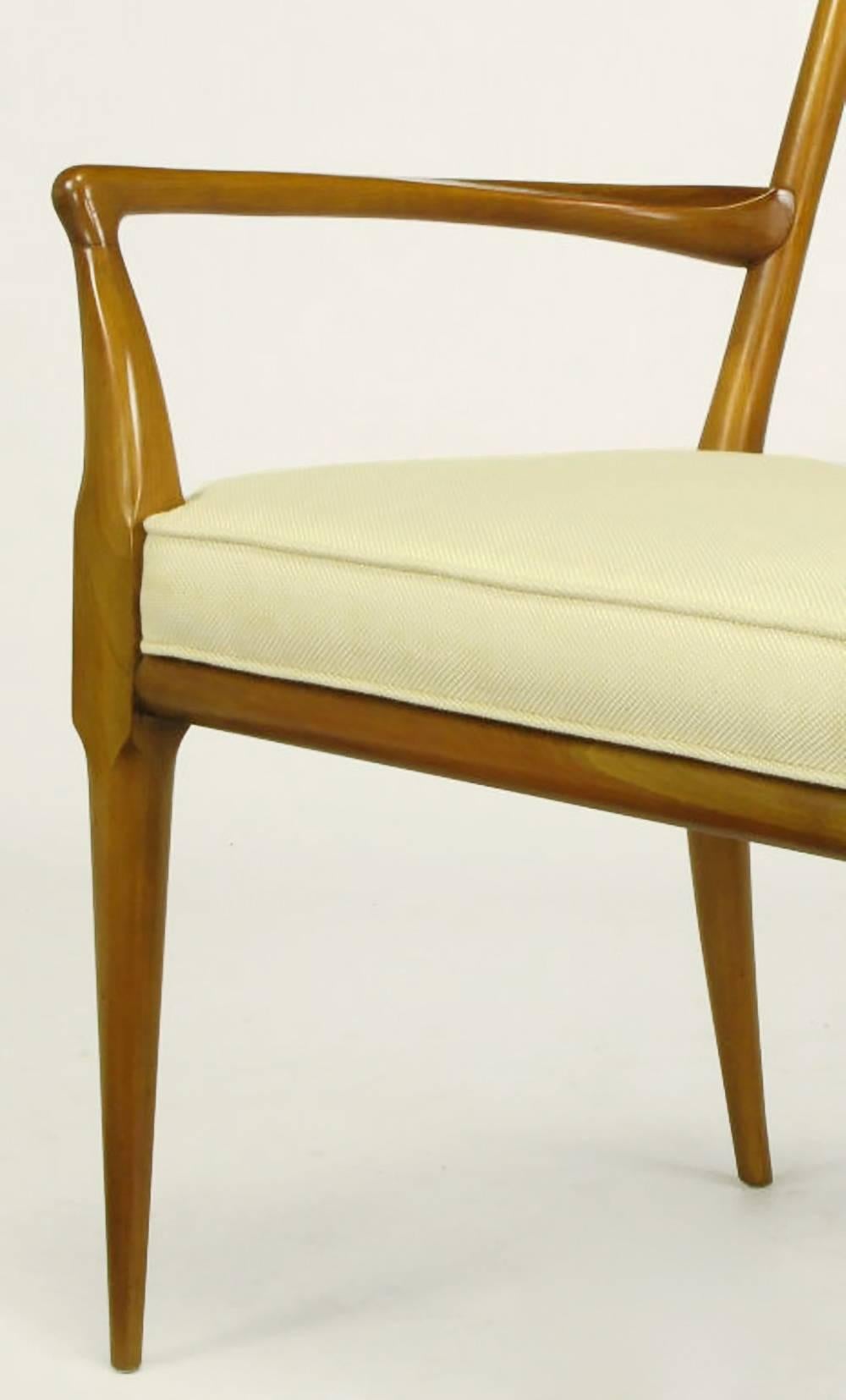 Mid-20th Century Pair of Bert England Sculpted Walnut and Off-White Linen Slatback Armchairs For Sale