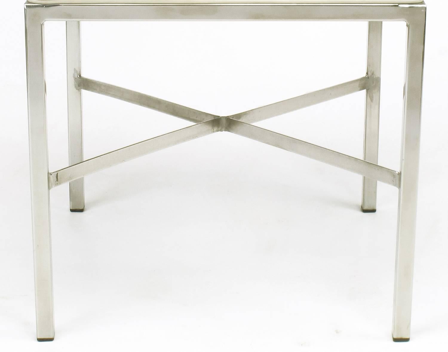 Pair of Polished Steel X-Stretcher Benches in Complementary Faux Leather For Sale 1