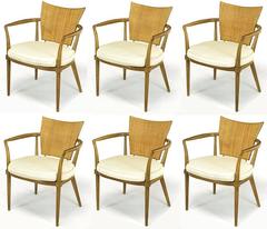 Set of Six Bert England Mahogany, Brass and Cane Dining Chairs