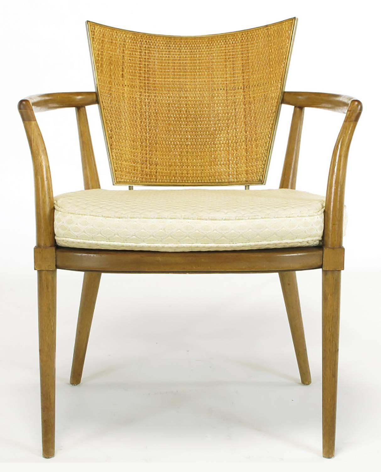 Mid-Century Modern Set of Six Bert England Mahogany, Brass and Cane Dining Chairs