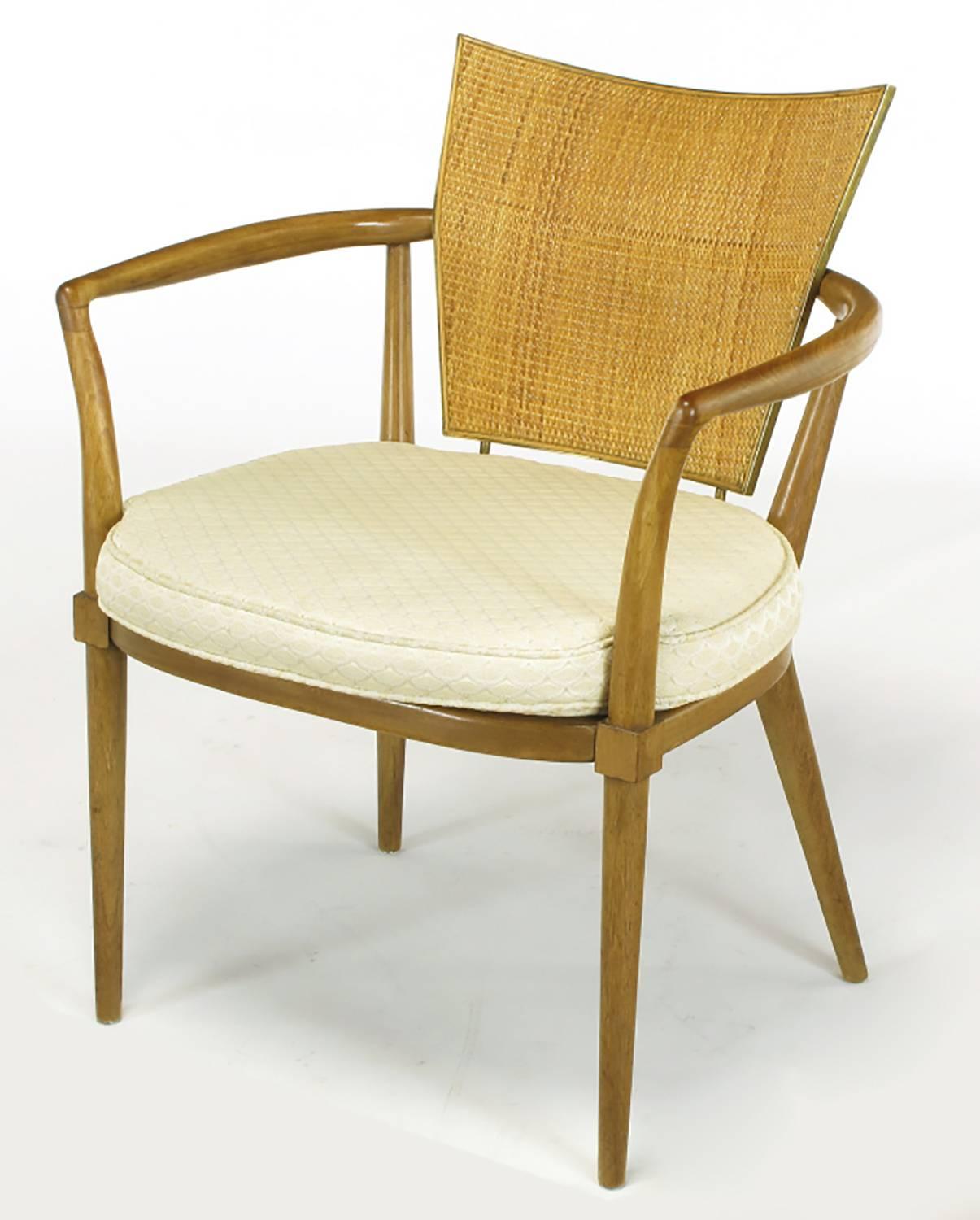 American Set of Six Bert England Mahogany, Brass and Cane Dining Chairs