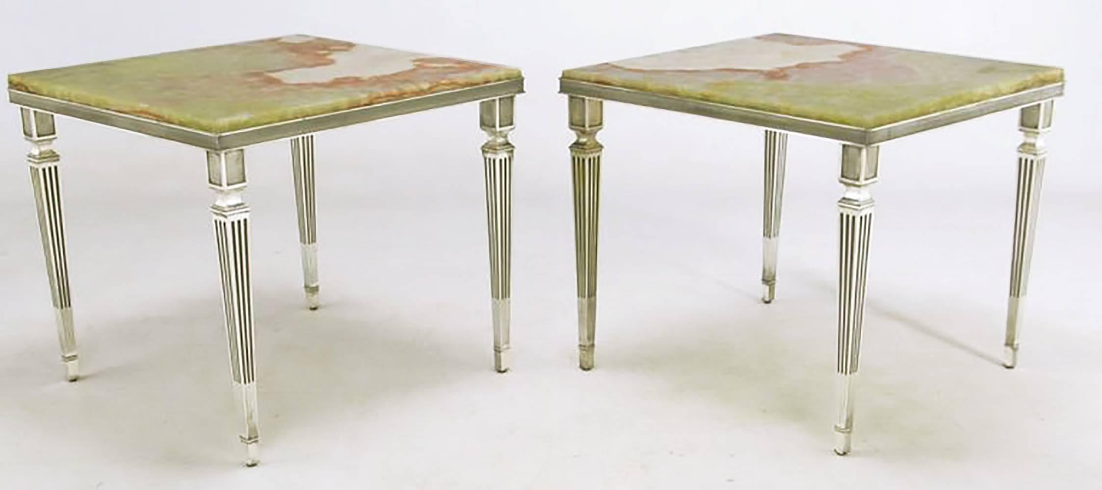 Neoclassical Pair of 1940s Silver Plated Bronze and Onyx End Tables