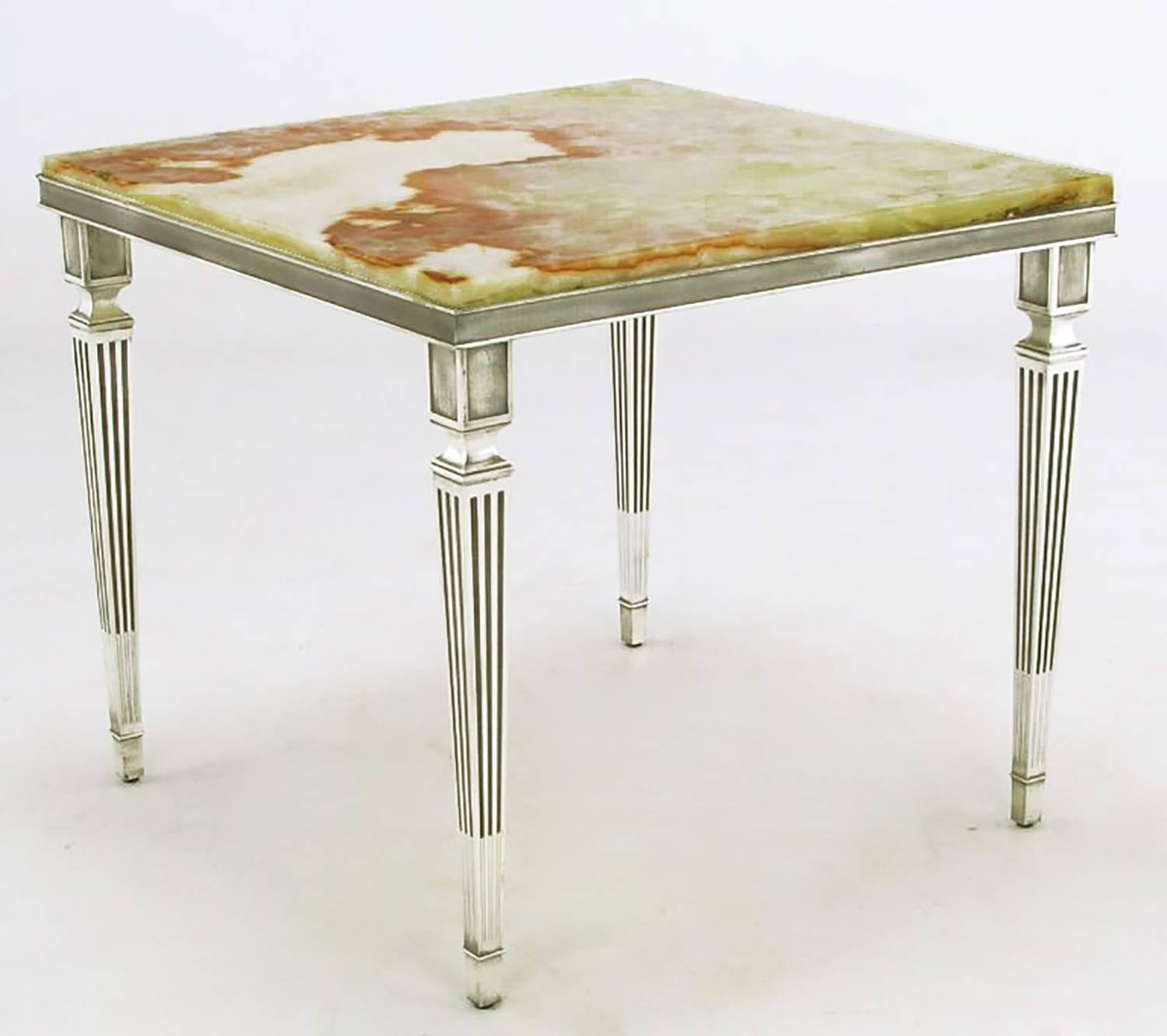 American Pair of 1940s Silver Plated Bronze and Onyx End Tables