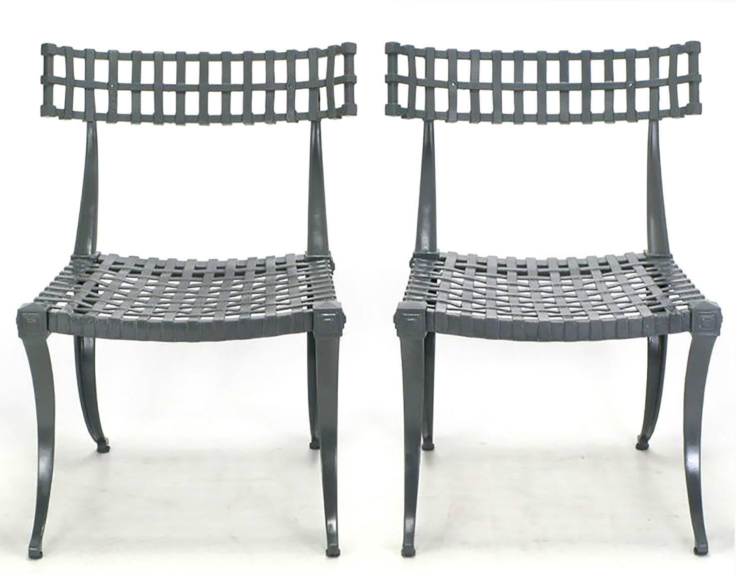 Set of six iconic klismos dining chairs by Thinline, in high quality cast aluminum, finished in new slate gray enamel. Can be used indoors or out. See our listings for the matching dining table.