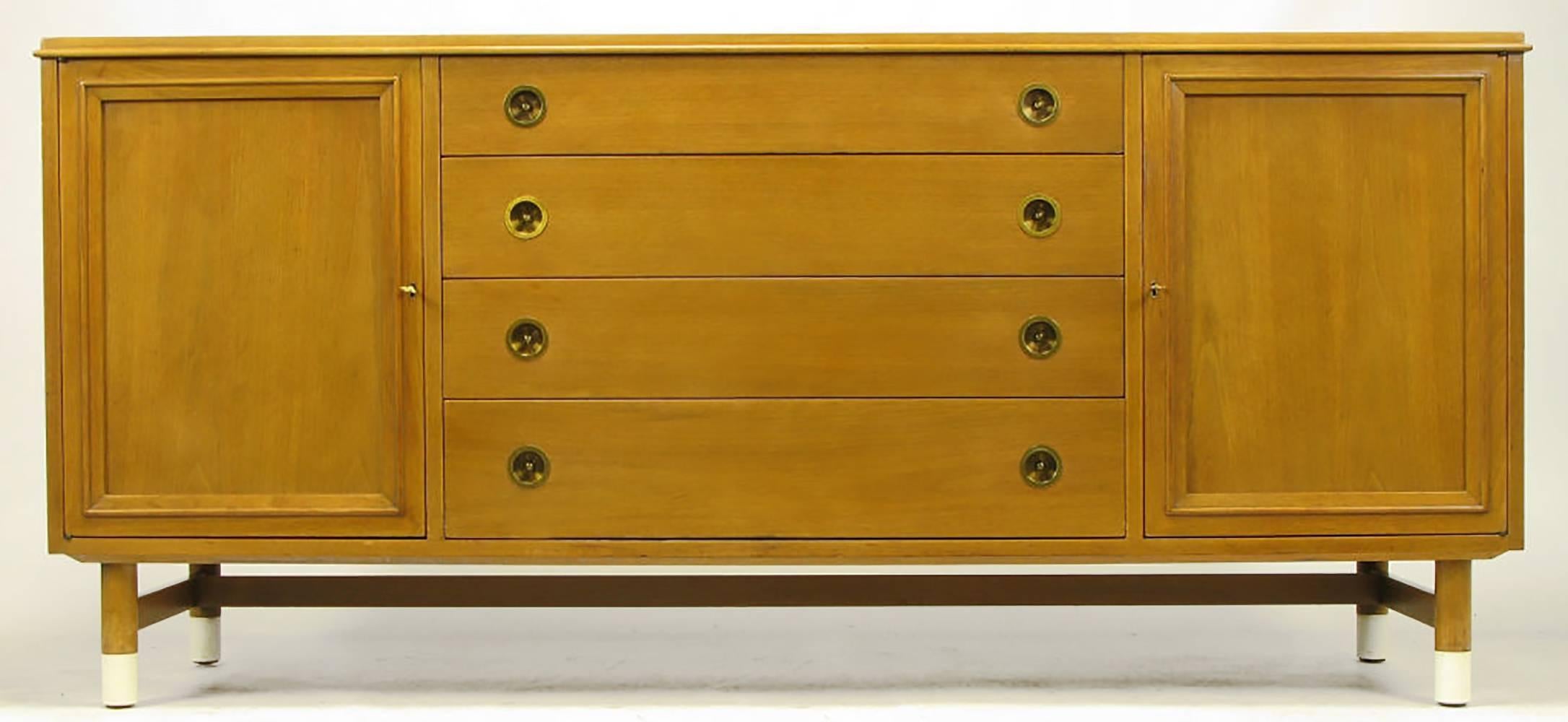 Mid-Century Modern Renzo Rutili Bleached Mahogany and White Micarta Long Cabinet For Sale