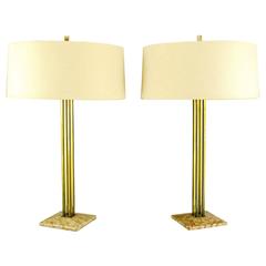 Pair of circa 1950s Stiffel Rouge Marble and Square Brass Columns Table Lamps