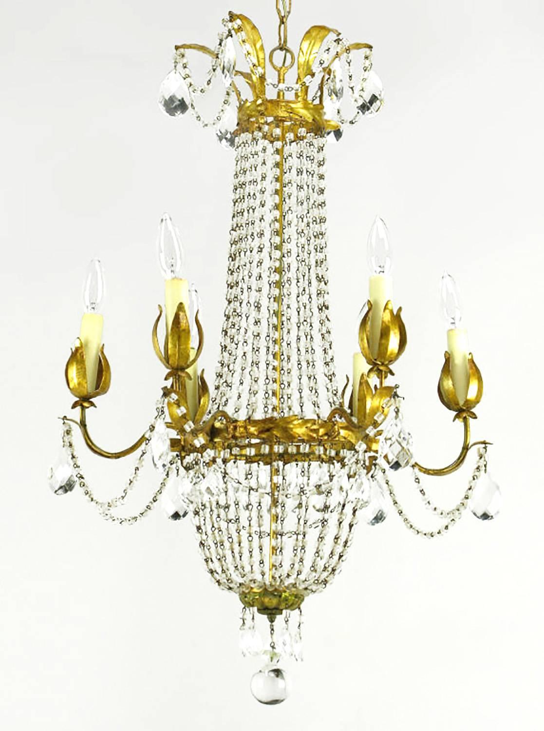 American Italian Gilt, Tole and Crystal Six-Arm Basket Chandelier For Sale