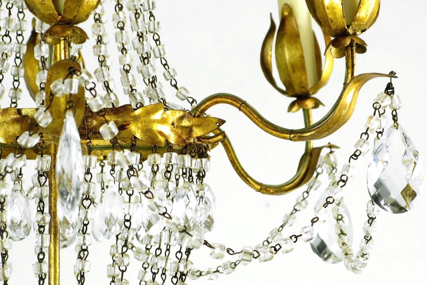 Italian Gilt, Tole and Crystal Six-Arm Basket Chandelier In Good Condition For Sale In Chicago, IL