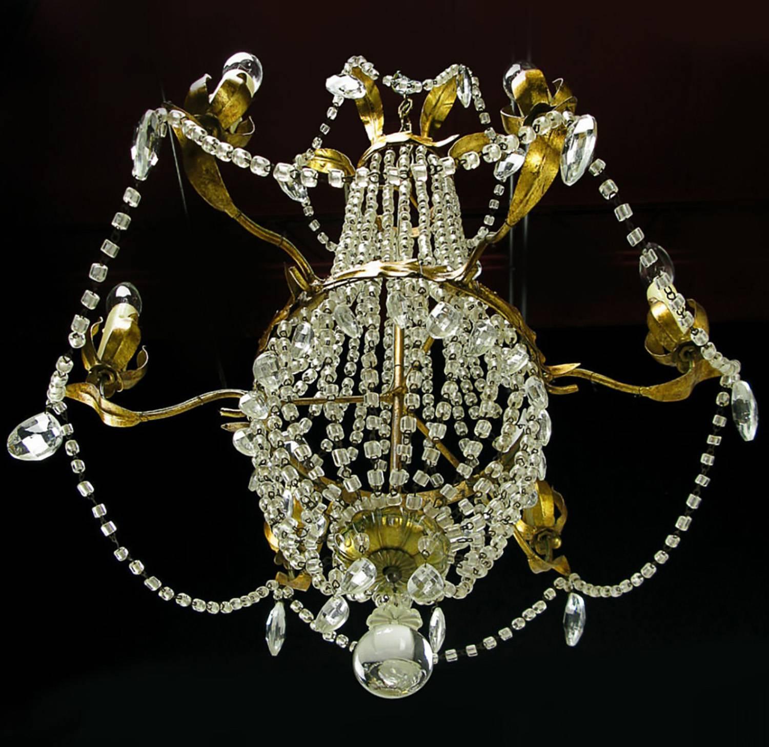 Italian Gilt, Tole and Crystal Six-Arm Basket Chandelier For Sale 1