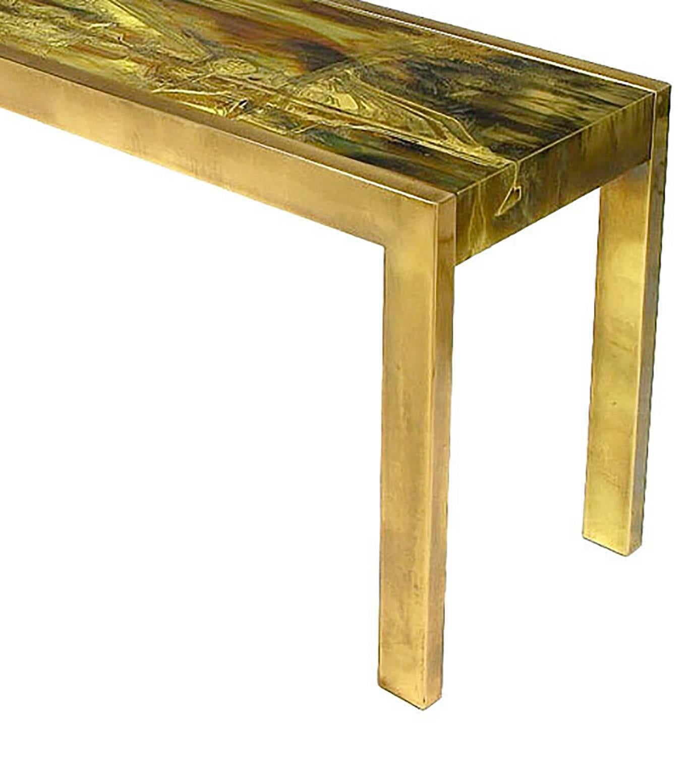 American Mastercraft Brass Console with Bernhard Rohne Acid-Etched Top