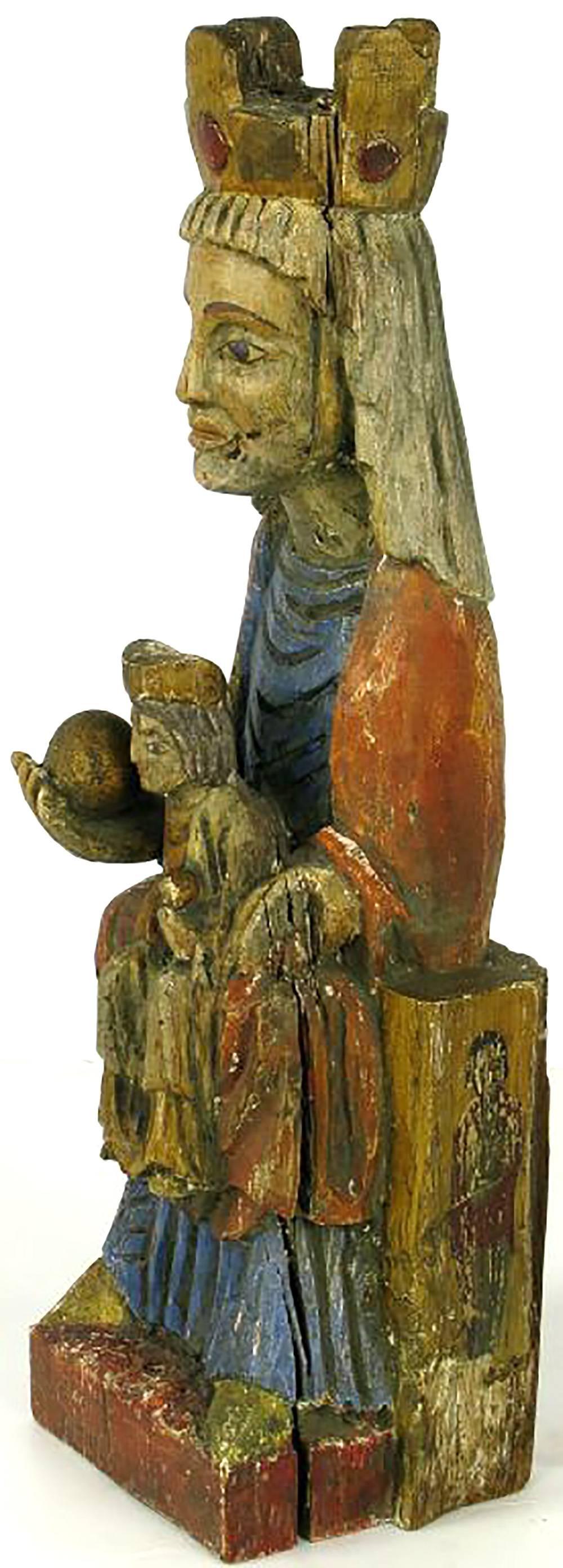 Mexican 19th Century Polychrome Carved Wood Santos of Madonna and Child