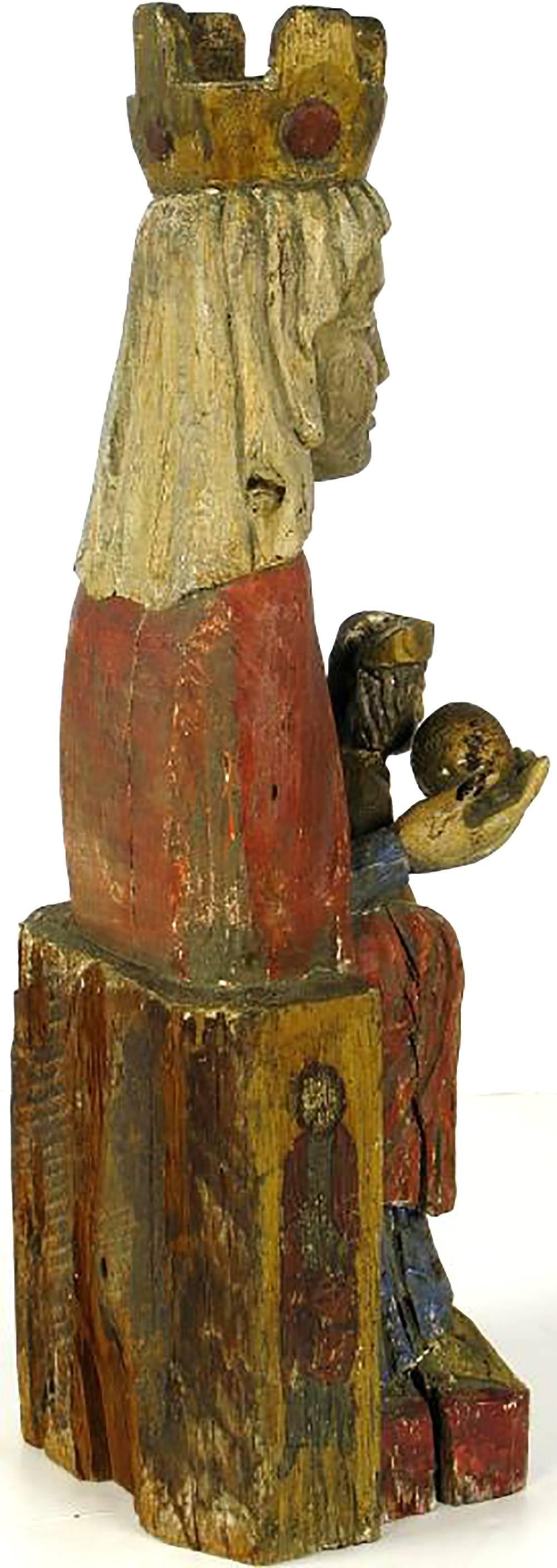 Paint 19th Century Polychrome Carved Wood Santos of Madonna and Child