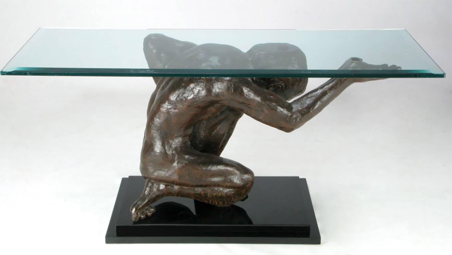 Lifesize Bronze Finish Atlas Skulptur Konsolentisch (Ende des 20. Jahrhunderts) im Angebot