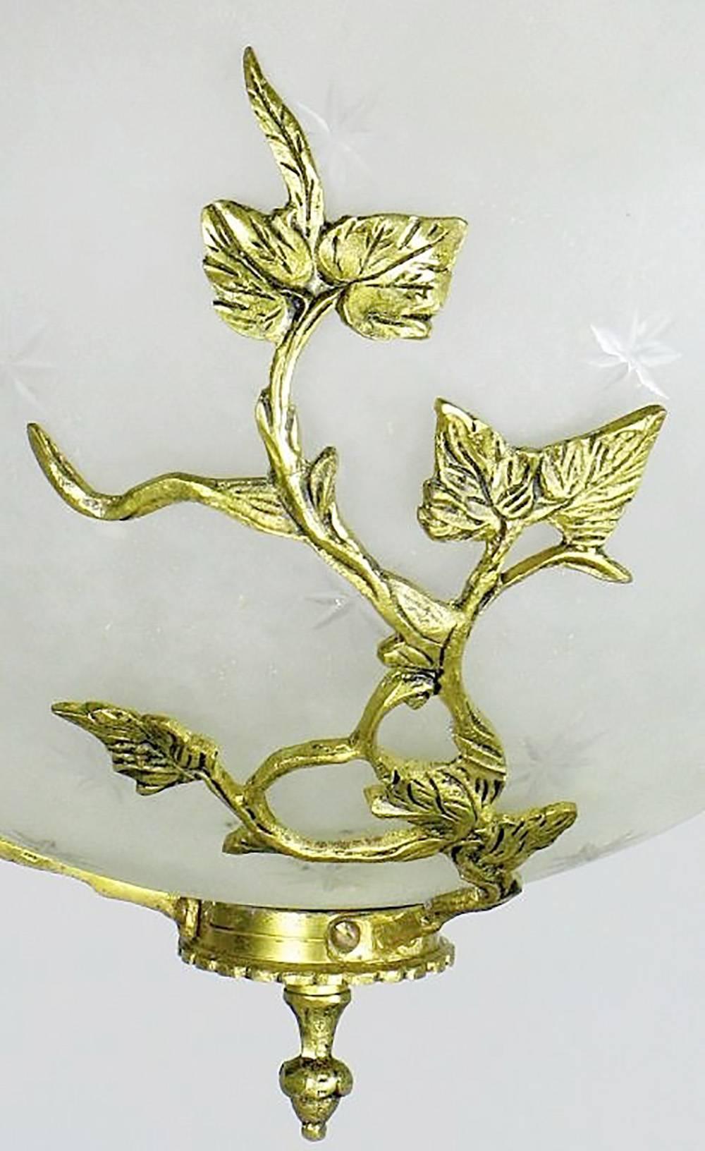 Mid-Century Modern 1960s Etched and Cut Glass Round Pendant Light with Brass Vine Detail