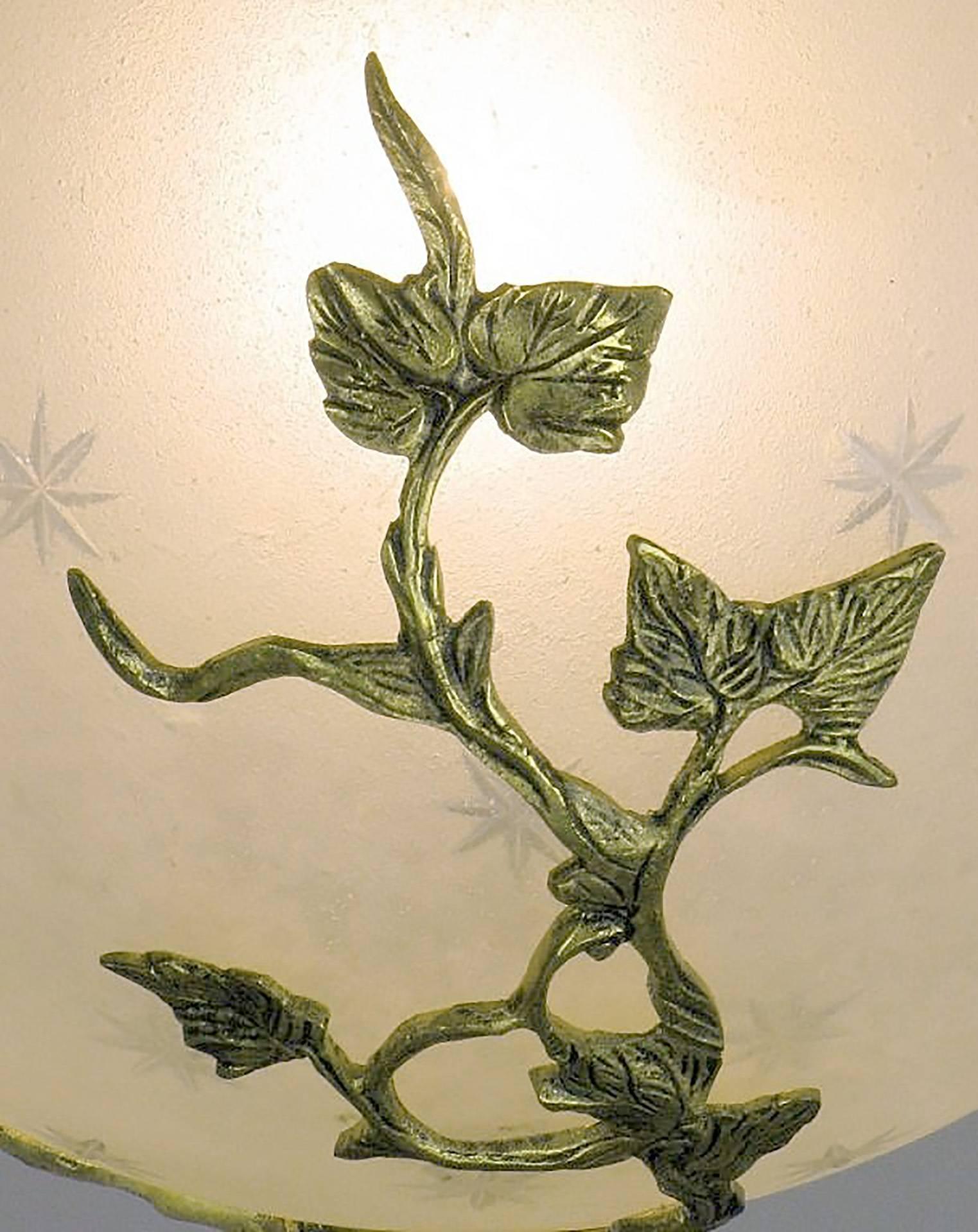 American 1960s Etched and Cut Glass Round Pendant Light with Brass Vine Detail
