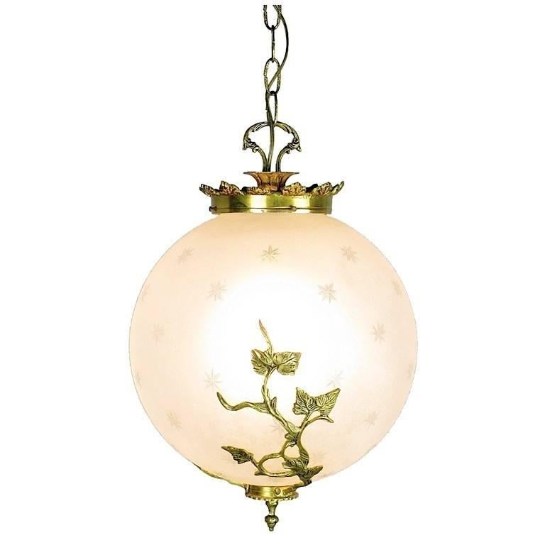 1960s Etched and Cut Glass Round Pendant Light with Brass Vine Detail In Good Condition In Chicago, IL