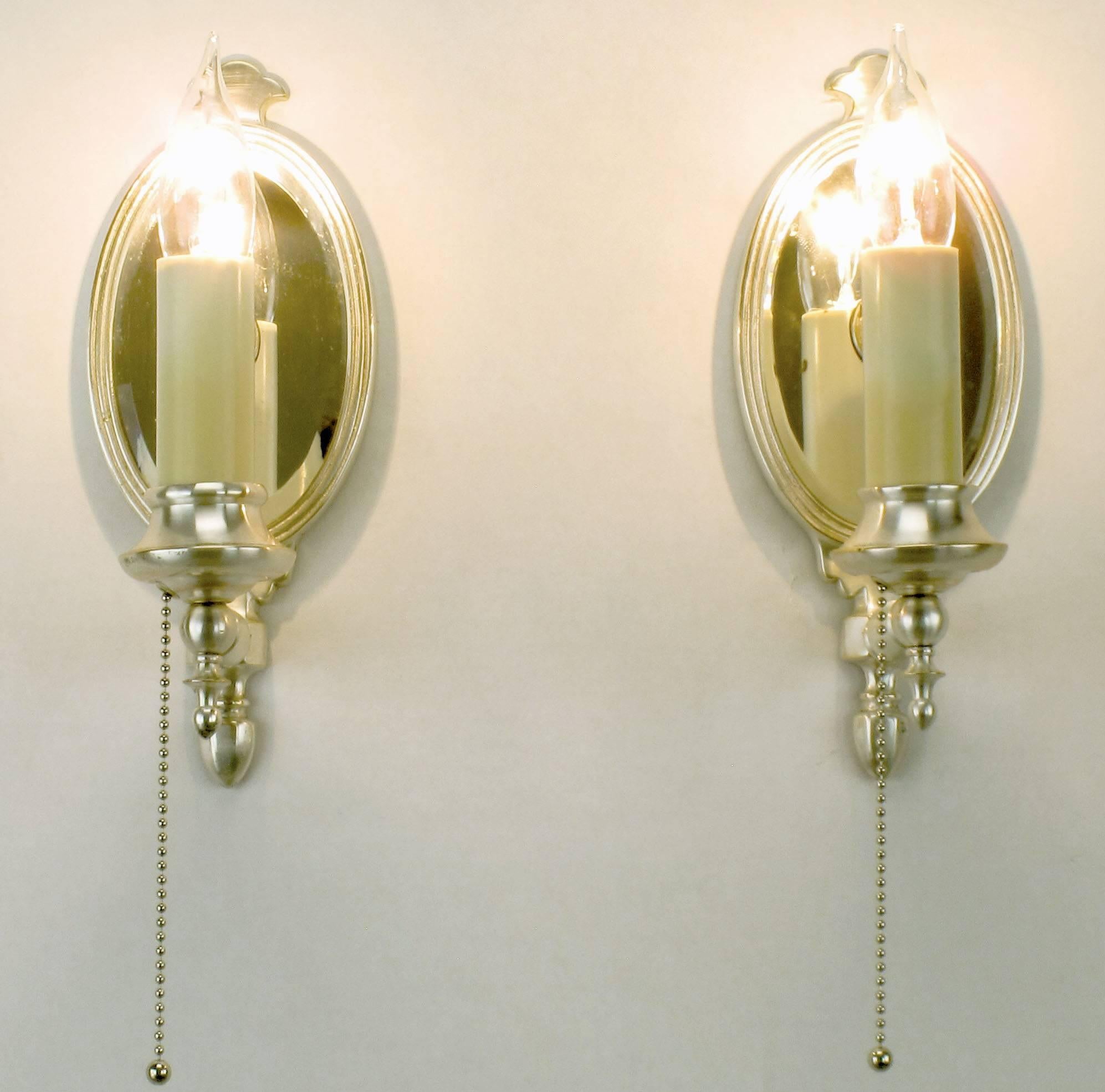 American Pairs of 1930s Silver Plated Sconces with Beveled Mirror Backs