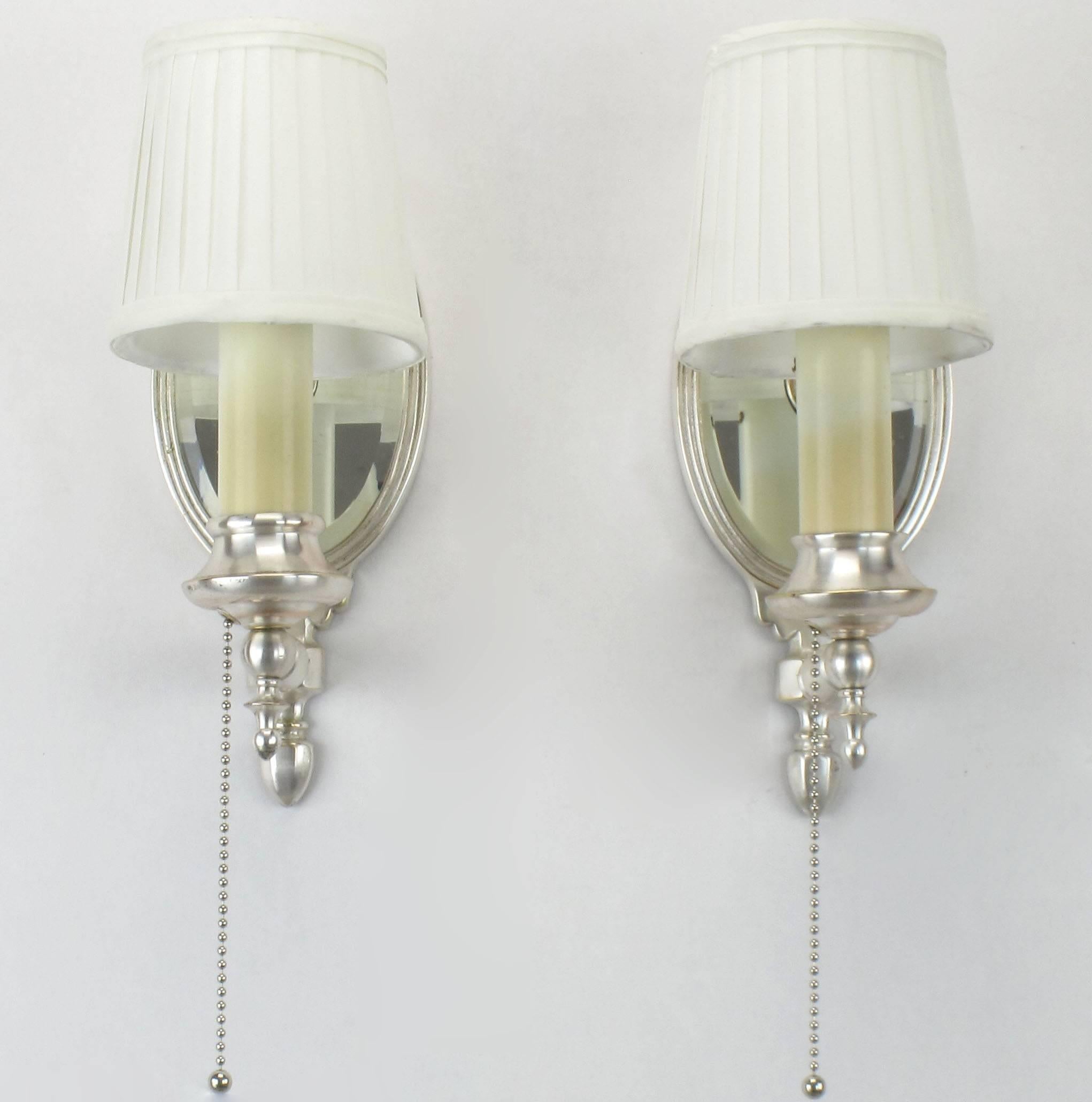 Pairs of 1930s Silver Plated Sconces with Beveled Mirror Backs In Good Condition In Chicago, IL