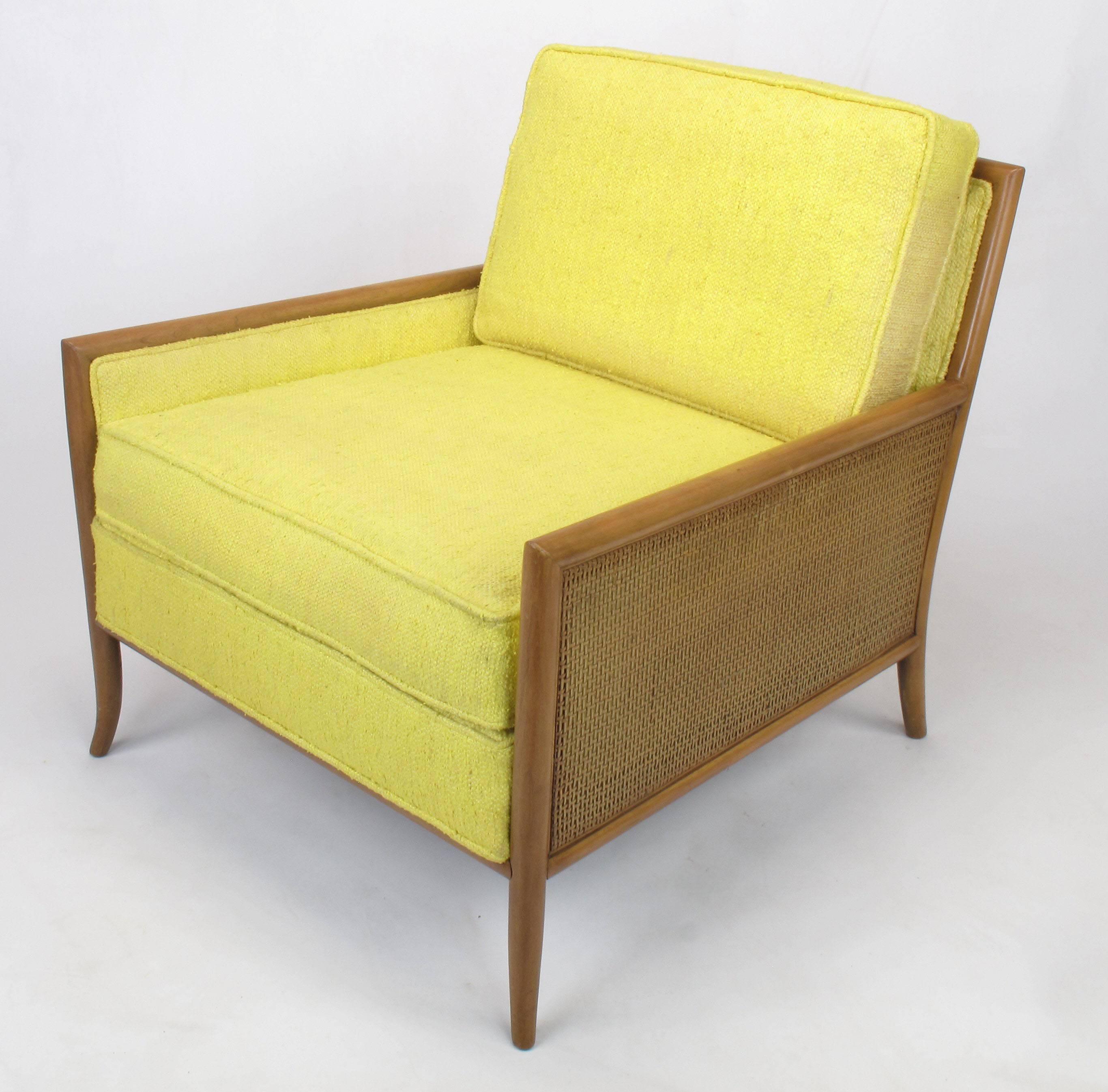 Mid-Century Modern Pair of Walnut & Yellow Haitian Cotton Lounge Chairs after TH. Robsjohn-Gibbings