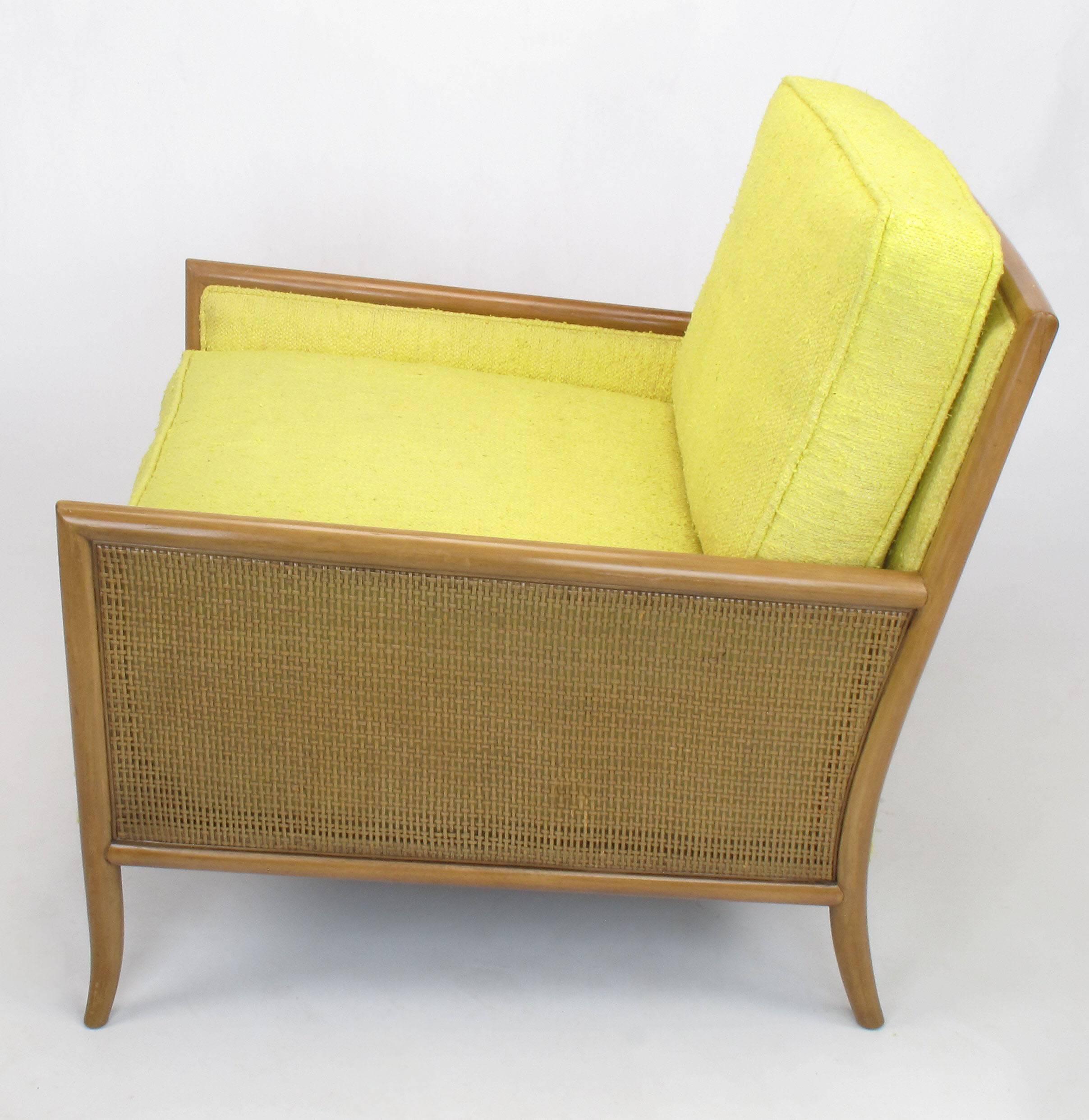 American Pair of Walnut & Yellow Haitian Cotton Lounge Chairs after TH. Robsjohn-Gibbings