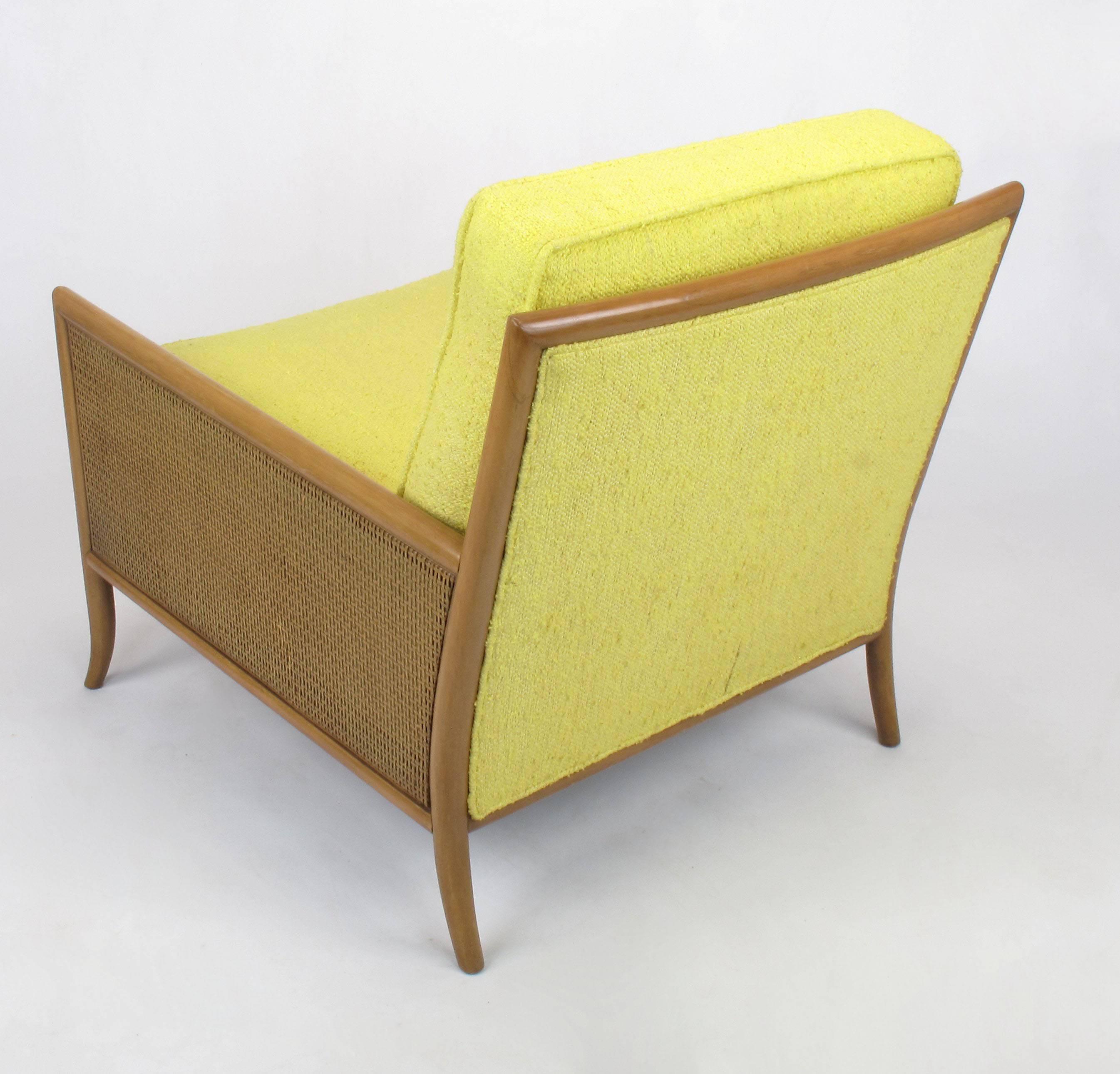 Bleached Pair of Walnut & Yellow Haitian Cotton Lounge Chairs after TH. Robsjohn-Gibbings