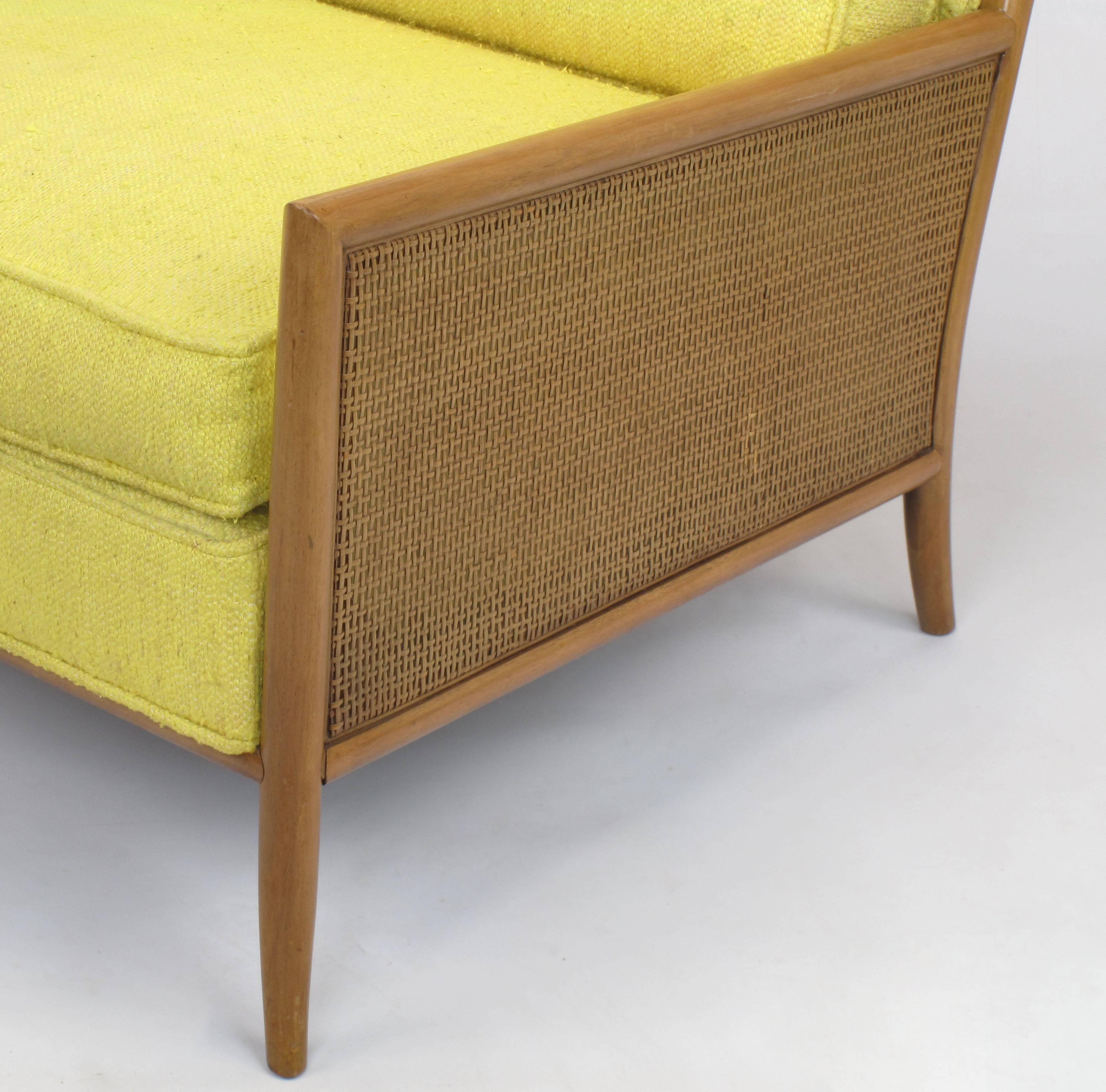 Mid-20th Century Pair of Walnut & Yellow Haitian Cotton Lounge Chairs after TH. Robsjohn-Gibbings