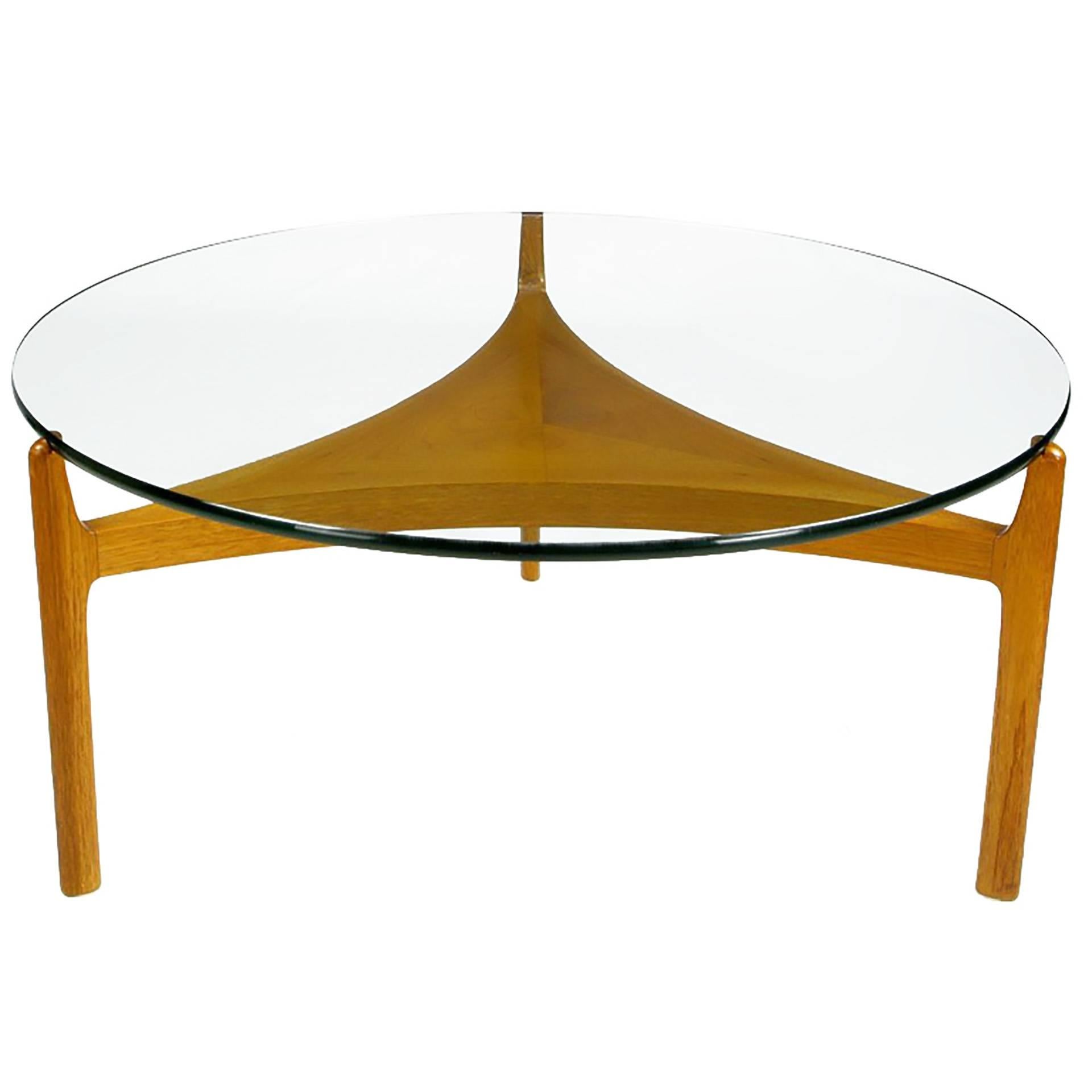 Sven Ellekaer Danish Teak Reverse Trefoil Floating Glass Top Coffee Table