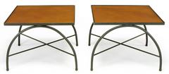 Black Lacquered Wrought Iron and Leather X-Base End Tables after Jacques Adnet