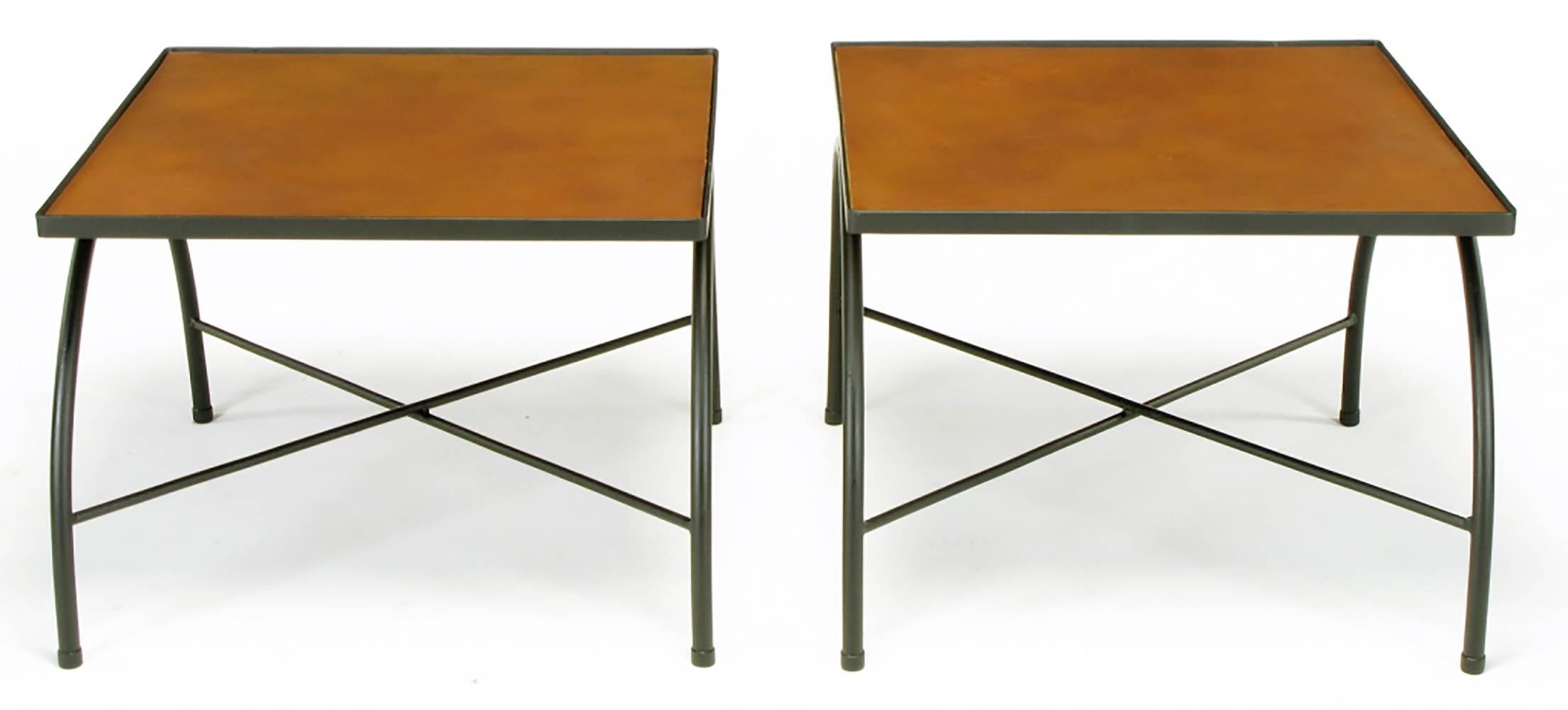 Streamlined Moderne Black Lacquered Wrought Iron and Leather X-Base End Tables after Jacques Adnet For Sale