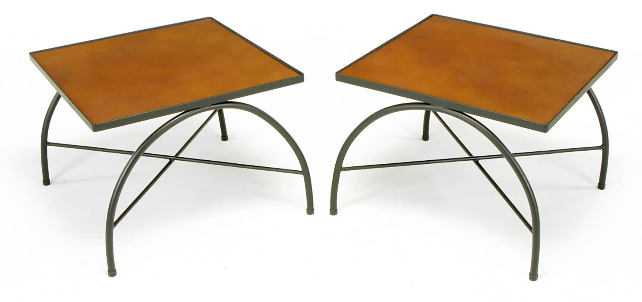 American Black Lacquered Wrought Iron and Leather X-Base End Tables after Jacques Adnet For Sale