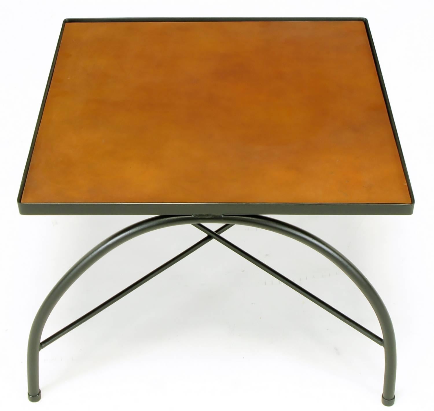 Mid-20th Century Black Lacquered Wrought Iron and Leather X-Base End Tables after Jacques Adnet For Sale