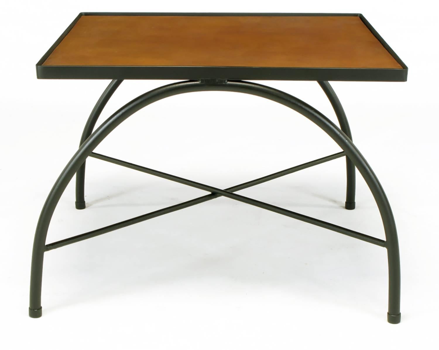 Black Lacquered Wrought Iron and Leather X-Base End Tables after Jacques Adnet For Sale 1